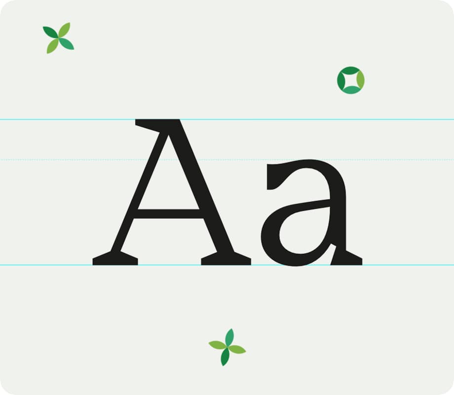Large serif letters on an off-white background with green floral symbols.